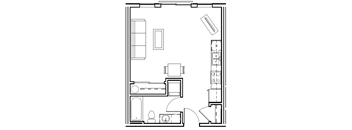 A floor plan of a small apartment with a kitchen, living room, and bathroom.