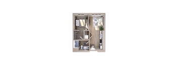 A 3D rendered image of a small apartment layout.