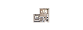 A top-down view of a small, neatly organized apartment with a kitchen, living room, and bathroom.