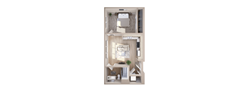 A top-down view of a small apartment with a kitchen, living room, and bathroom.