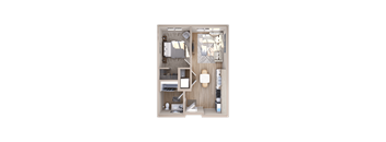 A top-down view of a small apartment with a kitchen, living room, and bedroom.