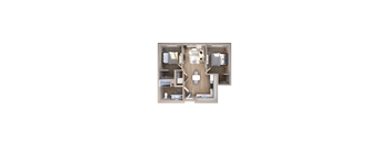 A top-down view of a small apartment with a kitchen, living room, and bedroom.