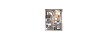 A top-down view of a house interior with a kitchen, living room, and bedrooms.