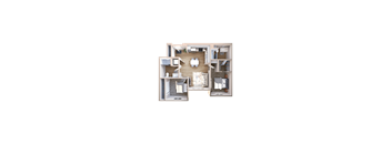 A 3D floor plan of a house with a kitchen, living room, and two bedrooms.
