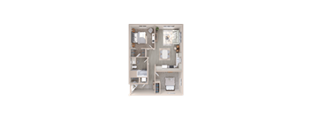 A 3D floor plan of a house with a kitchen, living room, and two bedrooms.