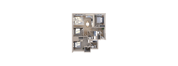A top-down view of a house layout with multiple rooms and furniture.