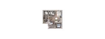 A top-down view of a house layout with a kitchen, living room, and bedrooms.