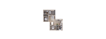 A top-down view of a house layout with a kitchen, living room, and two bedrooms.