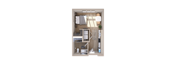 A top-down view of a small, well-organized kitchen and living area.