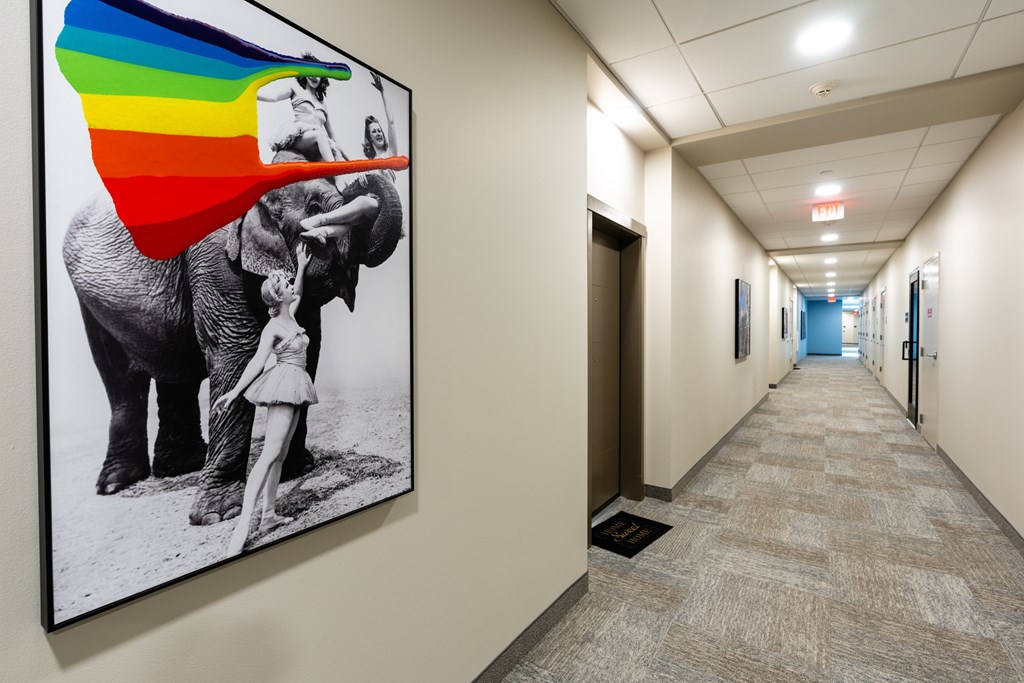 A hallway with a picture of an elephant and a rainbow flag.