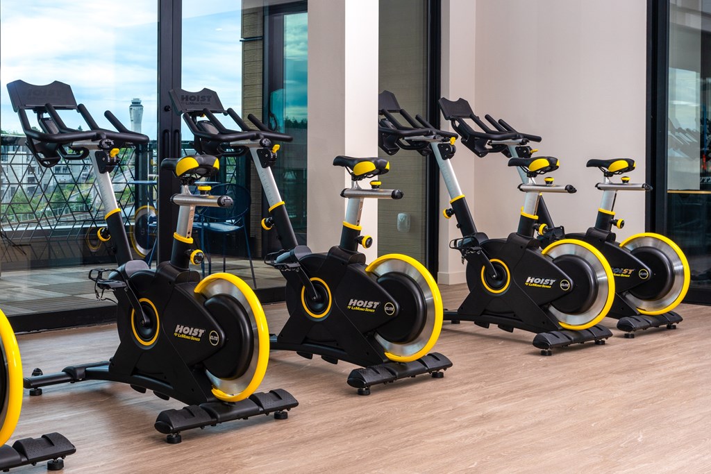 A row of stationary bikes are lined up in a row.