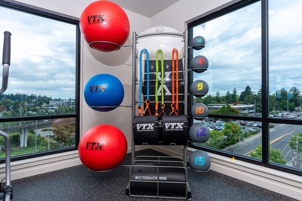A gym with a variety of equipment including a red medicine ball, a blue medicine ball, and a set of orange resistance bands.