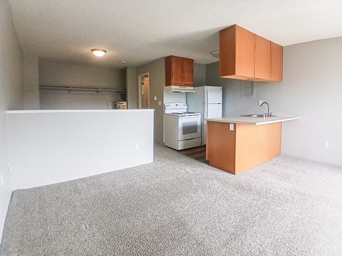 A kitchen with a white fridge and a white oven.