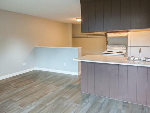 A kitchen with a white counter and a stove top oven.