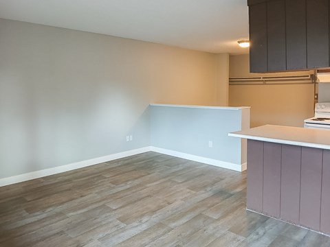 A room with a wooden floor and a white counter.