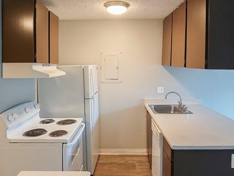 A kitchen with a white stove and refrigerator.