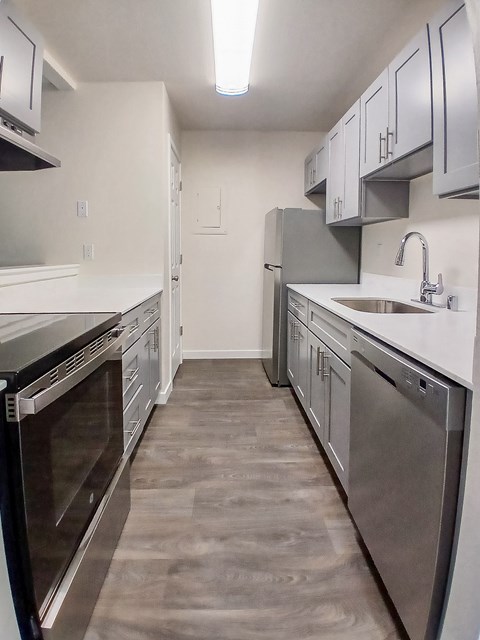 A kitchen with a stainless steel dishwasher and oven.