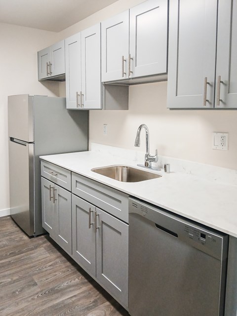 A kitchen with a sink, dishwasher and refrigerator.