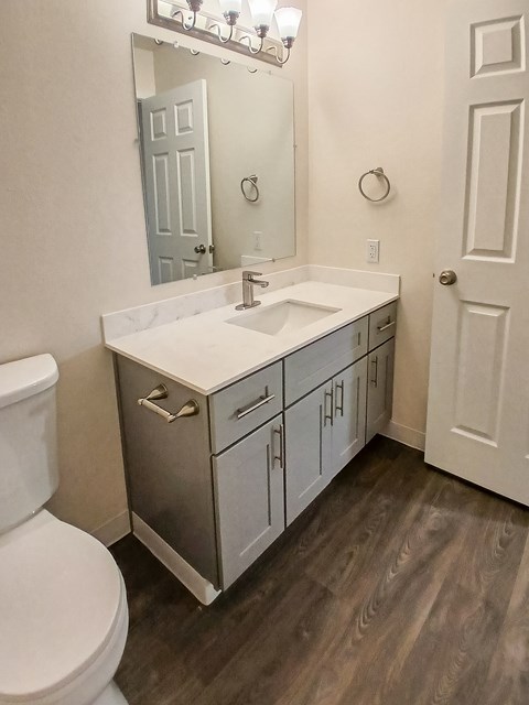 A bathroom with a white toilet, a sink with a cabinet underneath it and a mirror above the sink.