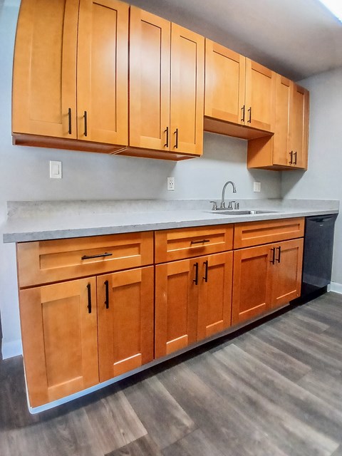 A kitchen with wooden cabinets and a sink.