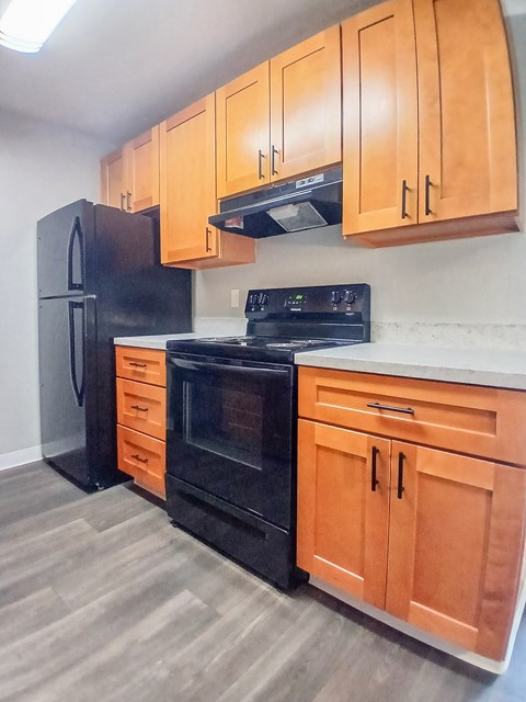 A kitchen with black appliances and wooden cabinets.