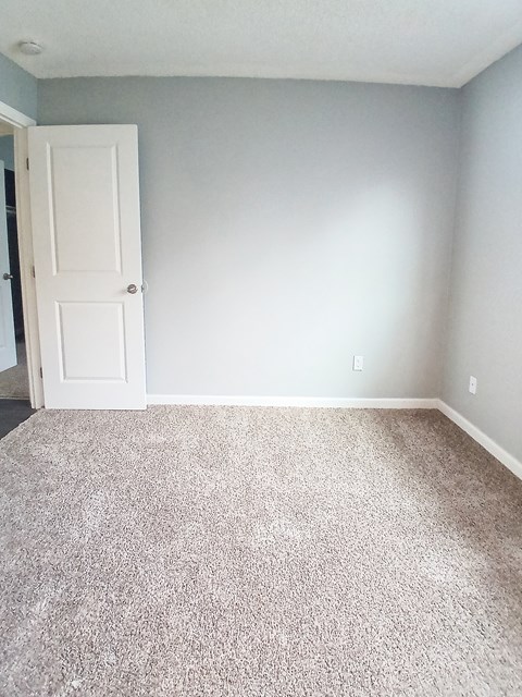 A room with a carpeted floor and a white door.