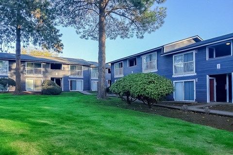 A row of blue apartment buildings with green lawns in front.
