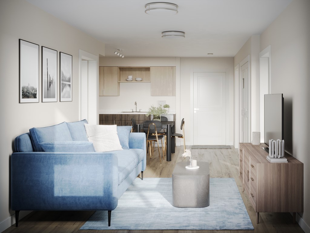 A blue couch sits in a modern living room with a wooden cabinet and a rug.