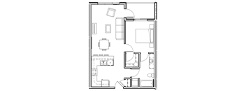 A floor plan of a house with a kitchen, living room, and bathroom.
