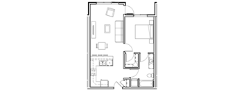 A floor plan of a house with a kitchen, living room, and bathroom.