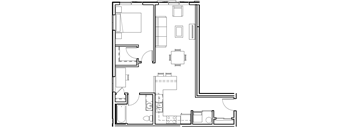A floor plan of a house with a kitchen, living room, and bathroom.