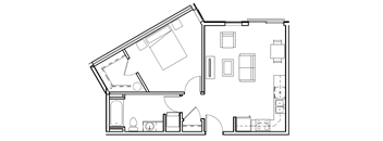 A black and white floor plan of a house with a kitchen, living room, and bedrooms.