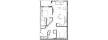 A floor plan of a house with a kitchen, living room, and dining area.