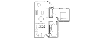 A black and white floor plan of a house with a kitchen, living room, and bathroom.
