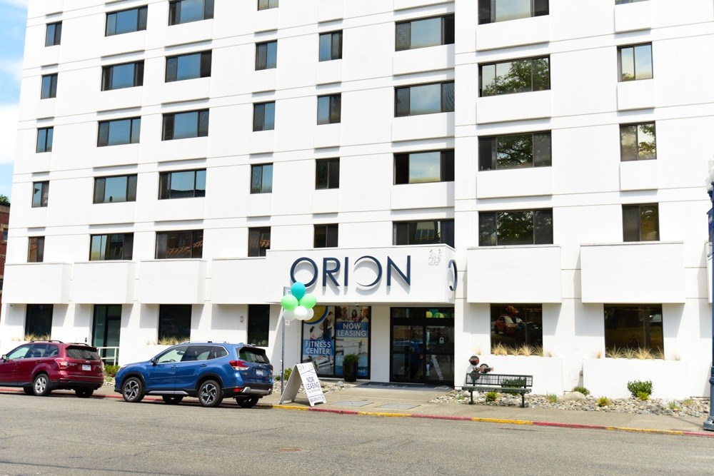 A white building with the word