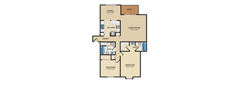 A floor plan of a house with a deck and two bathrooms.