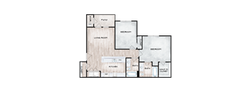 A floor plan of a house with a living room, kitchen, two bedrooms, a bath, and a patio.