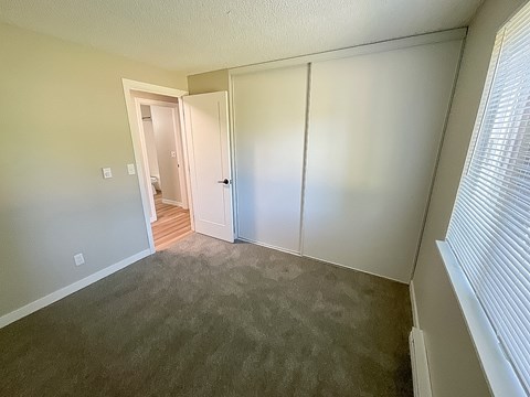 A room with a carpeted floor and a white door.