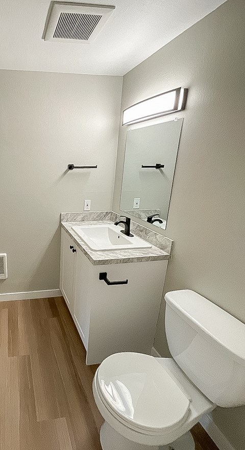 A white toilet sits next to a sink in a small bathroom.