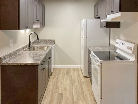 A kitchen with a white refrigerator and a sink with a granite countertop.