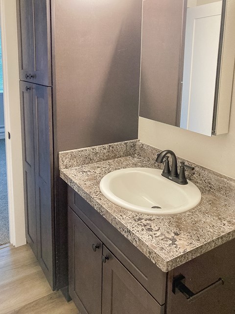 A bathroom sink with a granite counter top and a silver faucet.