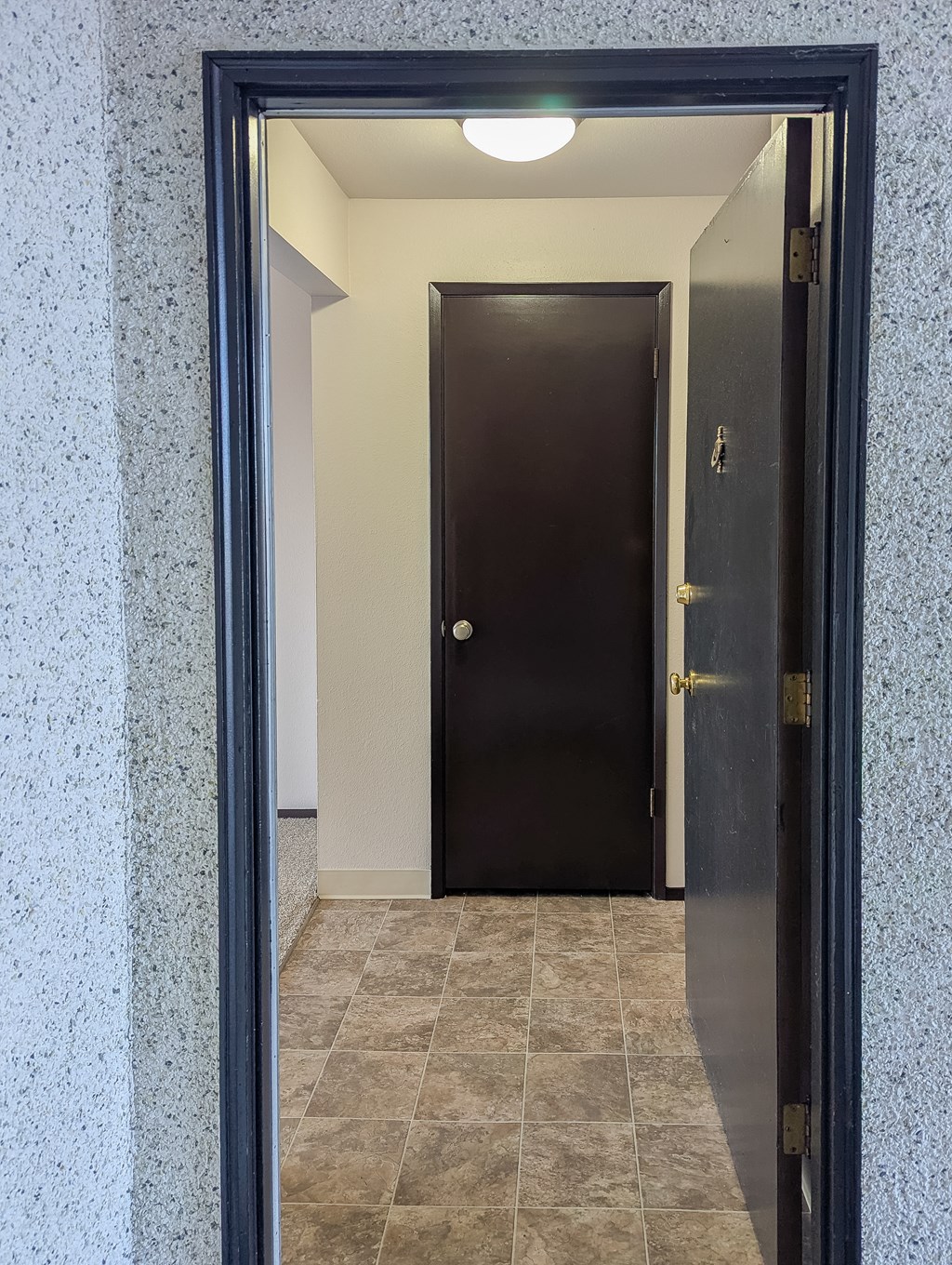 A hallway with a black door and a tiled floor.