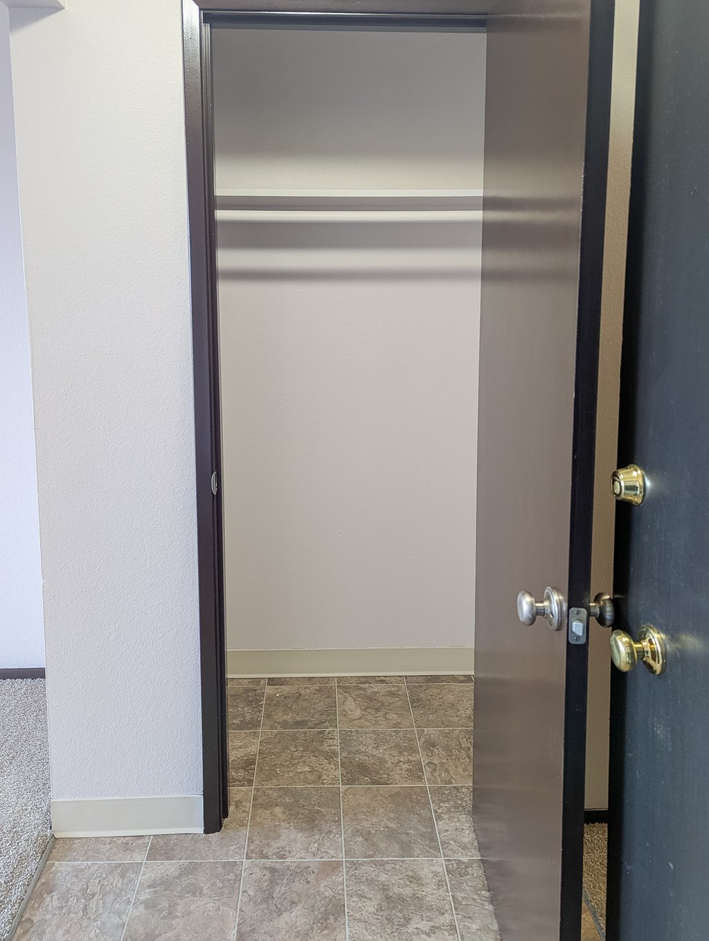 A black door with a gold handle is open to a hallway.