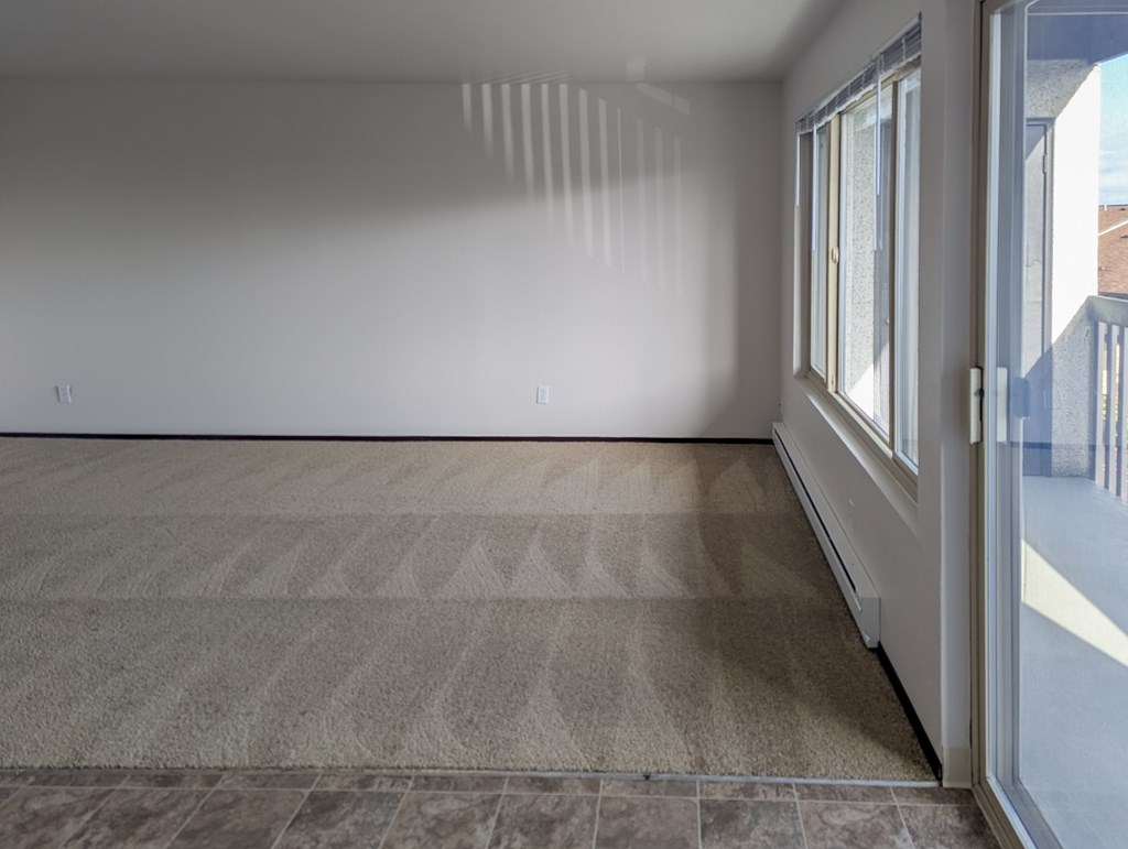 A room with a carpeted floor and a sliding glass door.