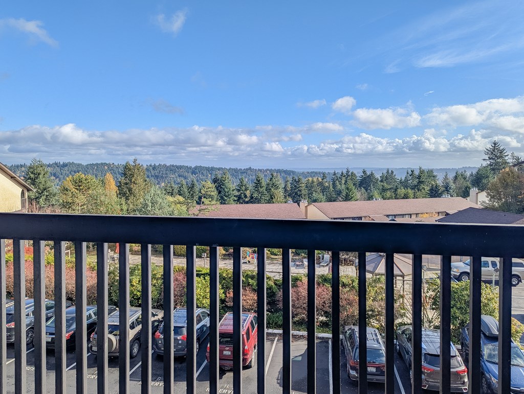 A view from a balcony overlooking a parking lot and a forest.