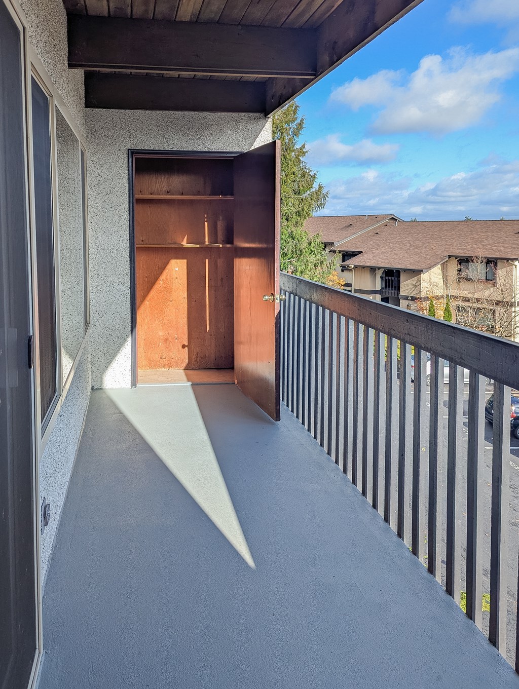 A balcony with a blue floor and a wooden door.
