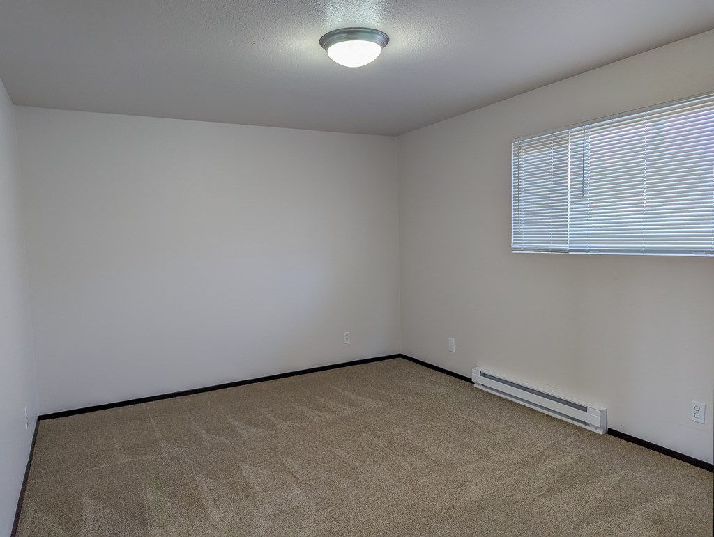 A room with a carpeted floor and a window with blinds.