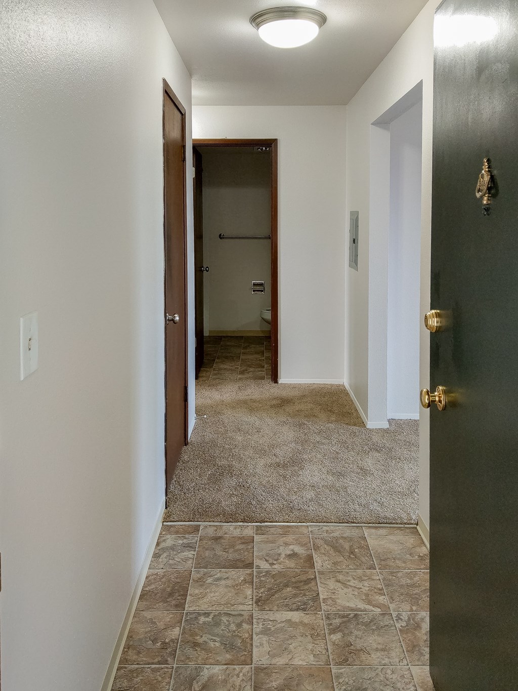 A hallway with a black door and a brown door in the background.