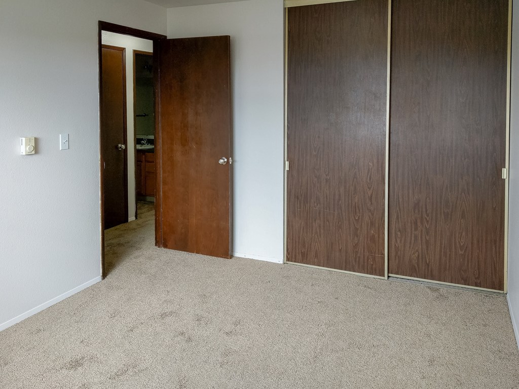 A room with a carpeted floor and two wooden doors.