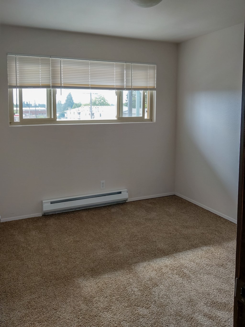 A room with a window and a carpeted floor.